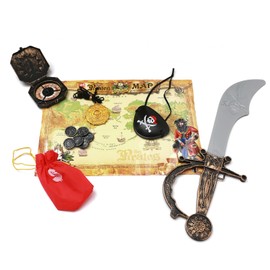 Kids Pirate Costume Dress Up Accessories Set, Role Play Props for Kids Party(Plastic Sword, Pirate Coins, Coin Bag, Eye Patch, Skull Coin Necklace, Compass, Treasure Map).