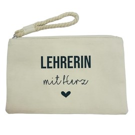 NeLi Teacher with Heart Bag with Handle, Gift for Teachers, Small Thank You Leaving Gift, Clutch Bag, Cream, lightgrey