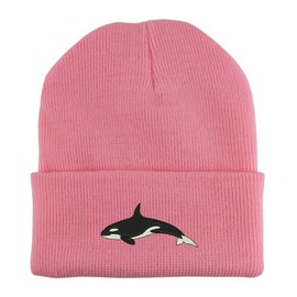Trendy Apparel Shop Orca Killer Whale Embroidered Made in USA Cuff Folded Acylic Knit Winter Beanie Hat - Light Pink