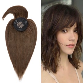 MY-LADY Natural Mono Base Hair Topper with Bangs, Medium Brown, 100% Real Human Hair, Clip-in, Straight, Middle Part, 18 Inch #4