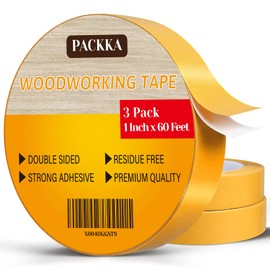 PACKKA Double Sided Woodworking Tape, 1 Inch x 180 Feet (3-Pack) Double Sided Tape Heavy Duty Adhesive Tape for Wood Template, Mounting Boards MDF Edge Banding, Routing, Anchoring