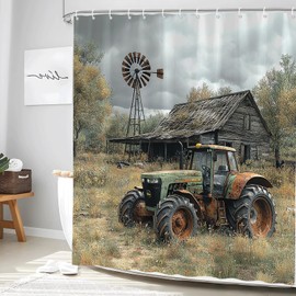 Farmhouse Old Truck Shower Curtain Rustic Wooden Barn Windmill Vintage American Classic Antique Car Farm Tractor Fashion Fabric Bathroom Decor Accessories Set with Hooks 70W x 70H inch