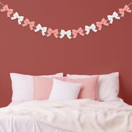 JarThenaAMCS 9.8Ft Bow Felt Banner Pink White Bow Hanging Bunting Garland for Coquette Birthday Bachelorette Wedding Party Backdrop Decoration