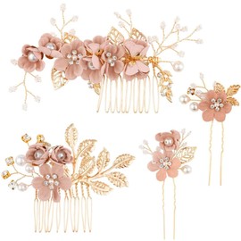 Priaora 4 pcs Gold Flower Pearl Hair Comb Crystal Hairpins Bridal Headpieces Wedding Hair Accessories for Women for Girls Wedding Hairstyles Pink Flower (K193-4)