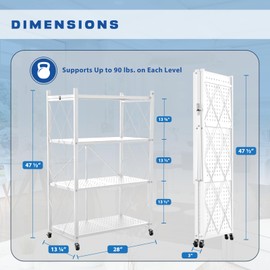 Lifetime Home 4-Tier Foldable Storage Shelf with Wheels - Metal Collapsible Shelving Unit Display, Rolling Cart for Books Kitchen Storage Shelves, Pantry & Closet Organizer, Office Room Decor - White