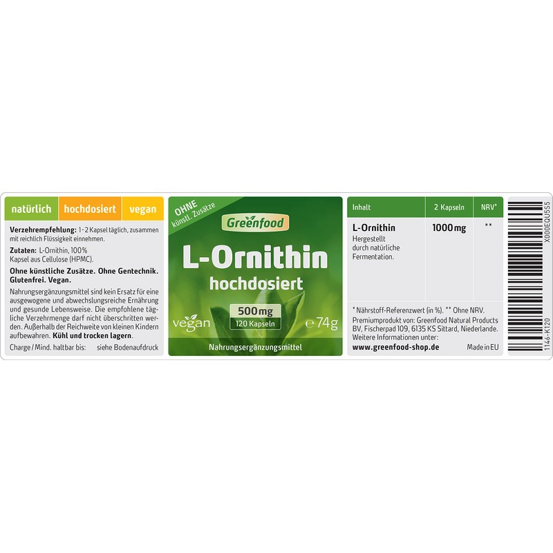 Greenfield – Ornithin, 500mg, Hochdosiert for Muscle Building and potency., , ,