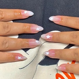 24 Pcs Pink Press on Nails Short Almond - SHANRUN Ombre French Tip Fake Nails Press ons Nail Art Tips Glue on Nails Full Cover Acrylic False Nails with White Pentagram Design Stick on Nails for Women