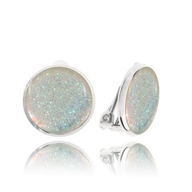 Handmade Luxury Shimmering Small Round Clip on Earrings - Non Pierced Ears for Women - (Style 39 - Painted Sparkly White Silver Jewellery)