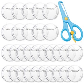 Pack of 30 Buttons Badges Make Yourself, Transparent Acrylic Button Badge with Children Safety Scissors, Acrylic Button Pin Round Badge, Clear Button Pin Badge Kit for Crafts Supplies