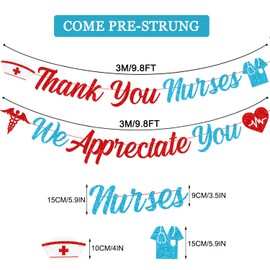 JKQ Red Blue Glittery Thank You Nurses We Appreciate You Banner Nurse Appreciation Week Garland Banner Nurse Day Thank You Nursing Medical Doctor Nursing School Party Decorations
