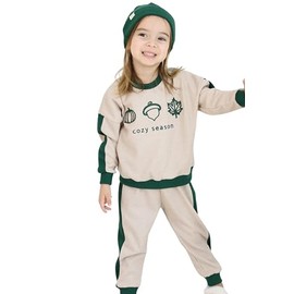 Miababy Cozy Embroidery Printed 3-Piece Tracksuit Set with Beret Gift for Baby & Child, 6 Colour Options (Naphtha Green, 4-5 Years)