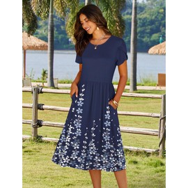 HOTOUCH Summer Dress for Women 2025 O Neck Short Sleeve Midi Dress Long Casual Dress Floral Beach Sundress Loose Shift Dress Aline Swing Dress