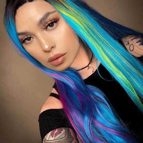 Kalisa Long Wavy Colorful Lace Front Wig Synthetic Purple Blue Green Yellow with Dark Root Free Part Multi-Colored Wig Heat Resistant Fiber Glueless Wigs for Women Cosplay Makeup Drag Queen Party