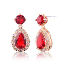 Ruby Gold Earrings for Women - 14k Gold Plated Teardrop Earrings Sterling Silver Pear-shaped CZ Cubic Zirconia Crystal Rhinestone Drop Earrings Bridal Jewelry for Bride Bridesmaids Party Prom Dance