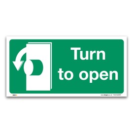 Turn To Open Anti-Clockwise Sign, 1mm Rigid Plastic 100x50mm, British Standard Fire Safety Door Signs