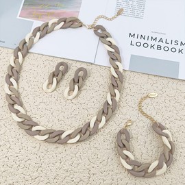 BOCAR Statement Acrylic Chunky Necklace for Women Cuban Link Chain Collar Necklace Bracelcet Earrings Fashion Costume Jewelry Set (NK-10668-Light Taupe)