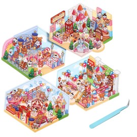 4PCS New DIY Sticker Scene, Christmas Gift 3D House Stickers with Tweezers, Cute Korean Cartoon Scene Stickers Suitable for Adults and Children to Relieve Stress, Mini Isometric Room Stickers