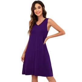 WiWi Viscose from Bamboo Nightgown for Women Cooling Sleeveless Tank Sleepwear Soft V Neck Sleep Shirts Pajamas Gown S-4X, Dark Purple, X-Large