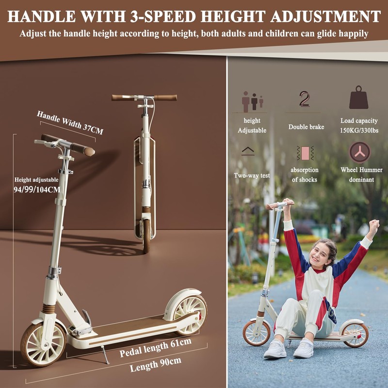 CUIOT Commuter Adult Scooter 330 lbs Capacity, 8IN Solid Tires