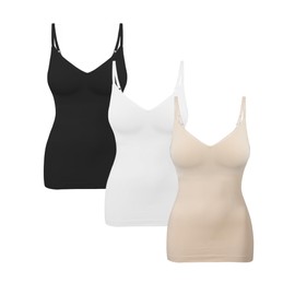 EUYZOU Womens 3PK Tummy Control Shapewear Tank Tops Seamless V-Neck Compression Tank Tops Body Shaper Camisole, Black/White/Nude L