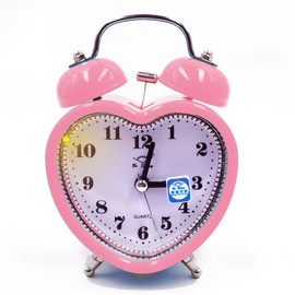Monique Students Seniors 3in Twin Bell Loud Alarm Clock Silent Analog Quartz Nightlight Clock Battery Operated for Heavy Sleepers Heart Shape Pink