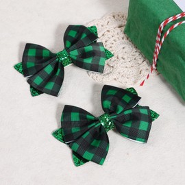 Christmas Green Buffalo Plaid Ribbon Hair Bows Alligator Clips Toddler Girls 4 Inch Glitter Checkered Cheer Hair Pin Barrettes Xmas Holiday Party Dress Decoration Accessories Gift