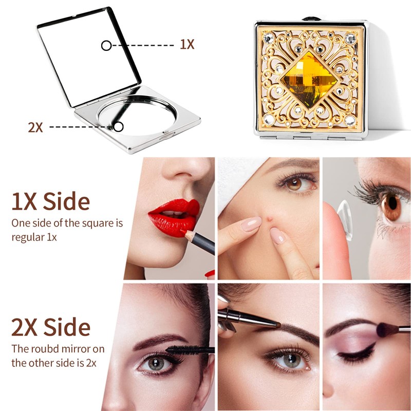 HAPUTDY Mini espejo de maquillaje elegante, portátil 1X/2X lupa (plata)