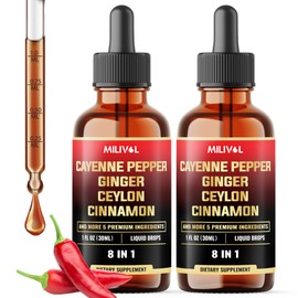 MILIVOL 8in1 Cayenne Pepper Liquid Drops with Ginger, Ceylon Cinnamon, Turmeric Curcumin, Berberine - Heath Support - 2 Packs of 30ml