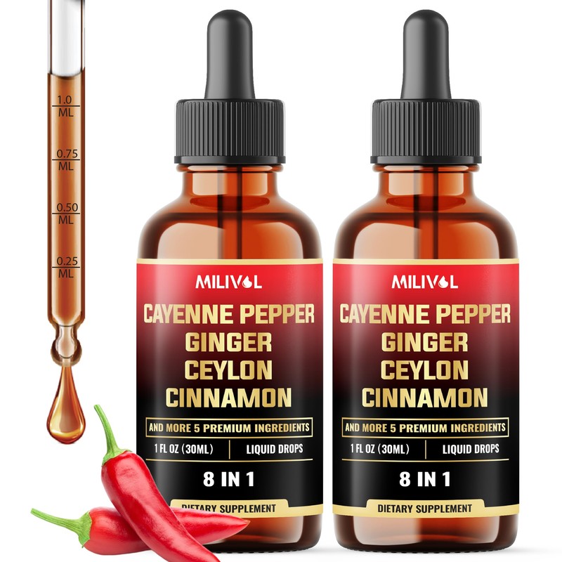 MILIVOL 8in1 Cayenne Pepper Liquid Drops with Ginger, Ceylon Cinnamon,