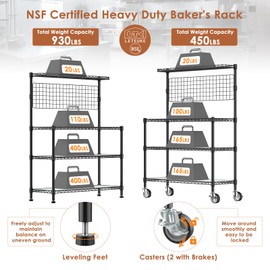 Leteuke Kitchen Bakers Rack, NSF Certified 4-Tier Microwave Stand with Wheels 20 S-Hooks, Adjustable Heavy Duty Storage Rack Commercial Grade Metal Utility Storage Shelf 42× 18× 63 Inches, Black