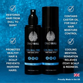 Crazy Bull Hair Tonic for Men - Cooling Hair Growth Spray with Castor Oil & Menthol - Hydrating Anti Frizz Heat Protection Spray for Oily & Dry Scalp - Cool Bull Ingrown Hair Treatment - Minty Scent