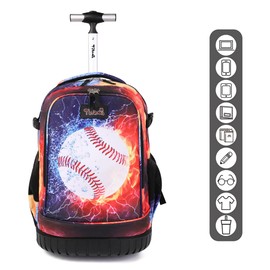 Tilami Rolling Backpack, 18 inch Shoulder Drop, Concealed Pockets and Wheel Cover, Laptop Backpack for Boys and Girls, Baseball