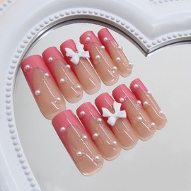 BABALAL Long Square Press on Nails Pink French tip Fake Nails with Bow Charm 24Pcs Acrylic Nails Supplies Pearl Stick on Nails with Glue Squoval Manicure Artificial Nails Art