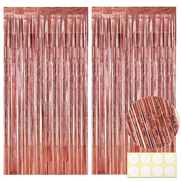 RUBFAC Rose Gold Foil Fringe Curtain, 6.4x8 Feet, Pack of 2, Metallic Rose Gold Streamers, Rose Gold Backdrop for Party Decorations for Birthday Decor Bachelorette Wedding Princess Party Graduation
