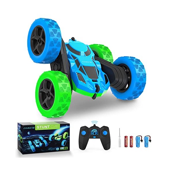 cosone Remote Control Cars, RC Cars with Headlights 2.4GHZ Remote Car Toys, 4WD Off Road Stunt Car Double Sided 360Â° Rotating, Birthday Gifts for Boys Age 6+ Years Old (Blue-Green)