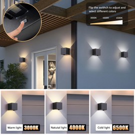 4 Pack LED Outdoor Wall Sconces Exterior/Interior,Modern Black Square Aluminum Wall Light Fixture Set,Variable Beam IP65 Waterproof Lights.15W 3-Color-Changeable Up and Down Outdoor Lighting Fixtures.