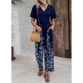 XNC Women's Casual Jumpsuits 2025 Summer Trendy Wrap V Neck Short Sleeve Wide Leg Pants Floral Print Rompers with Pockets