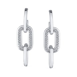 Geometric Vertical U Rectangle Micro Pave CZ 3 Chain Link Dangling Paperclip Earrings Of Women .925 Sterling Silver