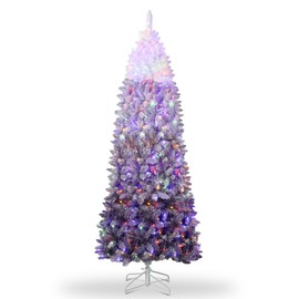 GarveeHome 7.5ft Snow Flocked Pencil Christmas Tree, Slim Artificial Christmas Tree with Sturdy Metal Stand, Skinny Xmas Tree Holiday Decoration for Home, Office, Purple Gradient