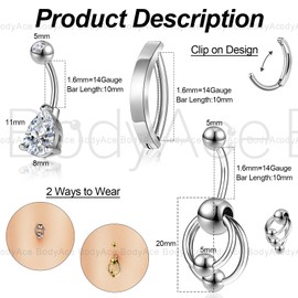 BodyAce 14G Belly Button Hoop Navel Rings, Gold Curved Barbells Silver Belly Clicker for Women, Stainless Steel Christina Piercing Cute Belly Jewelry [Silver]