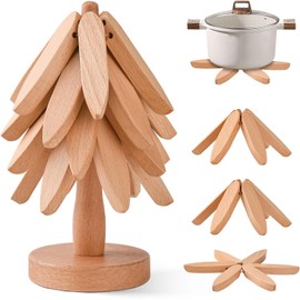 Wooden Tree Coasters with 4 Beechwood Hot Plate Mats for Hot Dishes, Tree Coaster Set, Wooden Coasters for Hot Dishes, Pots, Bowls, Tea Kettles, Fondue Holders