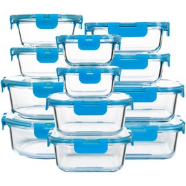 FAWLES 12 Pack Glass Meal Prep Containers with Airtight Lids, Leak-Proof Food Storage Containers, Dishwasher/Microwave/Oven/Freezer Safe Glass Containers for Lunch, Leftovers, to Go (Blue)