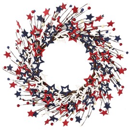 Sggvecsy 18Inch 4th of July Patriotic Day Wreath Red Blue White Wooden Star Wreath Americana Flag Wreath Patriotic Decorations for Memorial Day Independence Day Veterans Day Front Door Wall