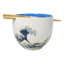 Great Wave Of Kanagawa Hokusai Ceramic Donburi Ramen Soup Bowl Chopsticks Set