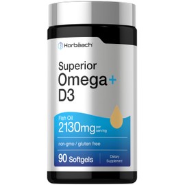 Horbäach Omega + D3 | 90 Softgels | Purified Fish Oil | 2130mg | Non-GMO and Gluten Free Supplement