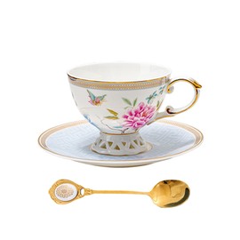 PANAOAHU Tea Cup and Saucer Set, Floral Butterfly Vintage Tea Cup with Gold Trim, Bone China Coffee Cup with Saucer and Spoon, Porcelain Cup and Saucer Set for Women and Tea Party, 6.8 oz