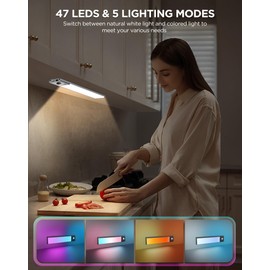 Rossetta Under Cabinet Lights, Wireless Rechargeable Motion Sensor Light Indoor, 47 LED Lights RGB Under Cabinet Lighting, Battery Operated Closet Lights for Kitchen Closet Stairs Hallway Silver