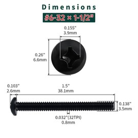 #6-32 x 1-1/2" Stainless Pan Head Machine Screws 50 Pcs, 18-8 (304) Stainless Steel Phillips Drive Pan Head, Full Thread, Black Coated, with Phillips Bit