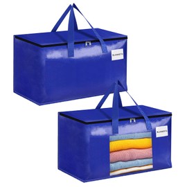Minicoco 2 Pcs Large Laundry Storage Bags with Zips and Tag Pocket 90L Heavy Duty Storage Bags for Moving, Clothes Storage, Travelling, Camping, Garden Tools, Moving Bags Extra Large (Blue, 2Pcs)