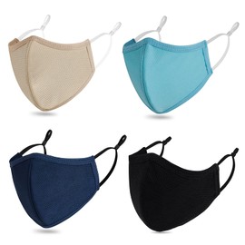 Cloth Face Mask Breathable 3-Ply Adjustable Ear Loops, Washable Reusable Cotton Black Sport Masks for Unisex Adult (Pack of 4) (L-Black/Navy Blue/Sky Blue/Khaki-for Most Women Men)